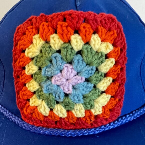 Crochet Granny Square Trucker Hat Ball Cap Snap Back Royal Blue Multi Color - Picture 2 of 7